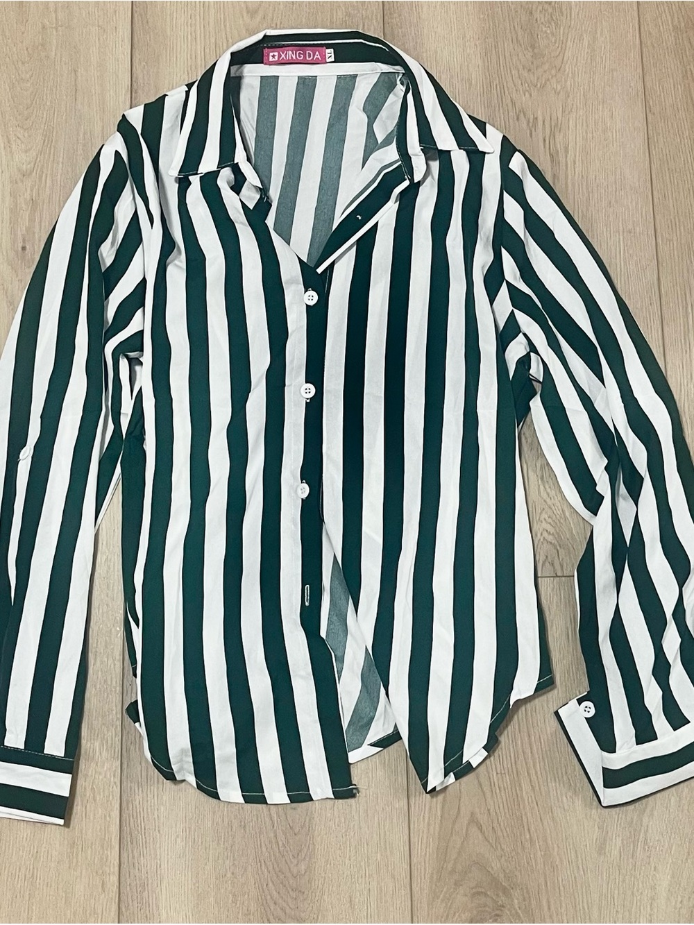 Women's Green & White Striped Button-Up Blazer Shirt
